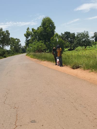 Two individuals stand on the side of a cracked asphalt road in a rural area of Mangu, Nigeria. The person on the left, wearing a brown hooded jacket and dark pants, holds a white and red plastic bag. The person on the right is dressed in a yellow t-shirt and blue jeans. Both are facing towards the right of the frame. The road curves to the left in the distance, bordered by dry, sandy earth and tall green grass. A dense line of trees and foliage forms the background. The sky above is a clear blue with scattered white clouds.