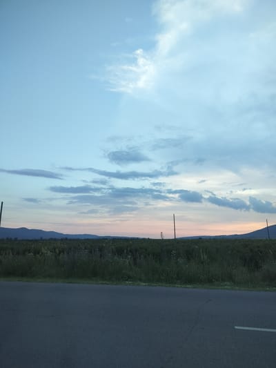 The image shows a serene landscape at dusk, likely near the village of Manolovo, Bulgaria. A dark asphalt road occupies the foreground, with a white line marking its edge on the right. Beyond the road lies a field of tall, green grass and wildflowers, interspersed with sparse vegetation. In the middle ground, a line of trees forms a natural barrier against a backdrop of rolling hills and distant mountains, silhouetted against the horizon. The sky above is a gradient of soft blues, transitioning to pale pinks and oranges near the horizon, indicating the setting sun. Scattered clouds drift across the sky, adding texture and depth to the atmospheric scene. Two thin, dark poles stand vertically in the field, one on the left and another on the right, their purpose unclear. The overall impression is one of tranquility and natural beauty, characteristic of rural landscapes.