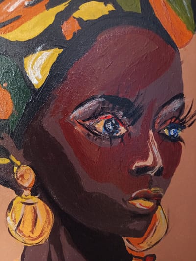 This is a close-up oil painting of a Black woman's face, presented in a profile view facing to the right. She is wearing a vibrantly colored headscarf with patterns of orange, yellow, green, and black. Her skin tone is a rich dark brown. She has large, expressive blue eyes with prominent eyelashes, and her lips are painted with shades of yellow, red, and orange. She is adorned with large, golden hoop earrings. The background is a solid, light brown color. The painting is characterized by thick brushstrokes and a bold, somewhat abstract style. There is no discernible connection to the city of Чэрвеньскі сельскі Савет, Belarus, as the image is a work of art and does not depict a specific location.