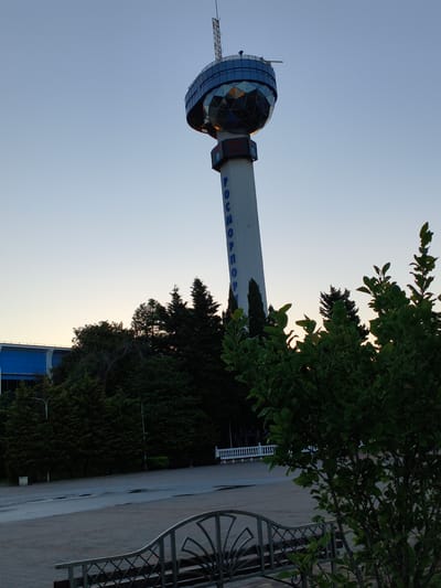 The photograph captures the "Rosport" tower in Agoy, Russia, against a clear, pale blue sky, likely at dawn or dusk. The tower, a prominent landmark, features a spherical observation deck at its apex, composed of many triangular glass panels that reflect the sky and surrounding lights. The tower's shaft is white and displays the blue Cyrillic lettering "РОСПОРТ" vertically.
In the foreground, to the right, a lush green shrub with broad leaves partially obscures the view. To the left of the tower, a modern building with a blue facade is visible, surrounded by a dense stand of dark green coniferous trees. Beyond the trees, a white ornate railing lines a walkway or plaza area, hinting at a public space. The ground in front of the trees appears to be paved, with a few puddles suggesting recent rain. A decorative metal fence with a curved design is also visible in the lower foreground. The overall impression is one of a quiet, possibly serene, outdoor scene at the edge of a populated area, dominated by the striking architecture of the tower.
