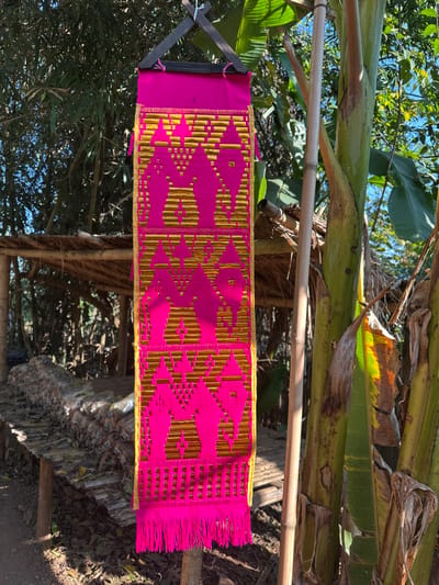 A hammock, woven with hot pink and gold threads in a geometric pattern, hangs between two poles beneath a banana tree. The ends of the hammock feature a thick fringe of the same pink material. The hammock's frame is made of dark wood and strung with white cord. The overall setting includes lush greenery and sunlight.