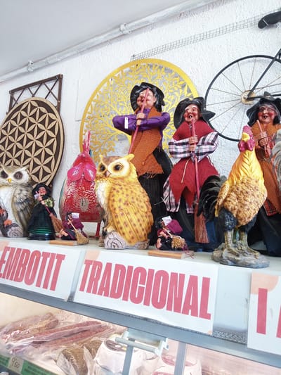 This is a close-up, eye-level, interior shot of a display shelf in a shop, likely a butcher shop or a specialty food store, in Besalú, Spain. The shelf is filled with various decorative items, primarily figures of witches and roosters, as well as two owl statues. The witches are small, doll-like figures with pointed hats and brooms, some holding fake money. There are also two larger, more detailed rooster figurines, one red and one yellow and brown, positioned prominently on the shelf. Two large, yellow owls are also part of the display. In the background, a large golden circular decorative piece with an intricate pattern and a black bicycle wheel are visible, mounted on a textured white wall. Below the shelf, a glass display case reveals rows of packaged meat products, with some labels visible including "EMBOTIT" and "TRADICIONAL" printed in red on white signs. The overall impression is of a quirky and traditional shop display.