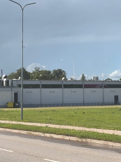 The image depicts an outdoor scene with a modern, light-colored building in the background, characterized by a long row of dark-tinted windows and several horizontal light fixtures. On the roof of the building, there are visible air conditioning units and ventilation pipes. Adjacent to the building, on the left, are two large trash receptacles, one yellow and one dark green. A grey metal pole, part of a street light fixture with two arms extending to the sides, stands prominently in the foreground, slightly left of center. The foreground also shows a paved road with a white line marking. A strip of grass with some scattered wildflowers and a paved walkway separates the road from a larger grassy area in front of the building. The sky is a pale blue with some grey clouds and several small, white birds flying. The overall environment suggests an industrial or commercial area within a city. This specific location is on the outskirts of Jēkabpils, Latvia, near the intersection of Madonas iela and Jaunā iela.