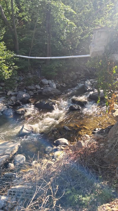 The image depicts a natural scene in Ognyanovo, Bulgaria, focusing on a shallow, rocky stream flowing through a wooded area. The water is clear and appears to be in motion, with white foam indicating rapids over submerged rocks. The banks of the stream are lined with various sized rocks and pebbles, with some overhanging foliage from trees and bushes. Sunlight filters through the dense green leaves of the trees, creating dappled light and shadows on the water and surrounding environment. In the upper right portion of the image, a stone structure, possibly part of a bridge abutment or wall, is visible, constructed from irregular, light-colored stones. A white pipe runs horizontally across the scene, suspended above the stream by thin wires attached to trees and the stone structure. The foreground is filled with dry, brown branches and twigs, suggesting a natural, untamed landscape. The overall impression is one of a serene, natural environment, likely a popular spot for outdoor recreation in Ognyanovo.