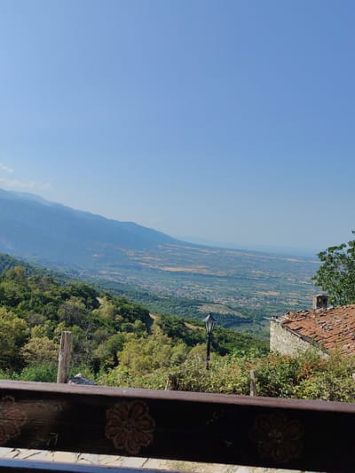A vertical, medium-shot, outdoor photograph taken on a sunny day shows a scenic landscape view from an elevated vantage point in Palaios Panteleimonas, Greece. The foreground is occupied by a dark wooden railing with floral patterns. Beyond the railing, a stone building with a red tiled roof and a chimney is partially visible on the right. A black, traditional-style lamppost stands in front of the building. The middle ground features lush green trees and vegetation, with a winding road visible in the distance. The background is dominated by a wide valley with scattered houses and agricultural fields, leading to a range of hazy blue mountains that fade into the clear, bright blue sky.