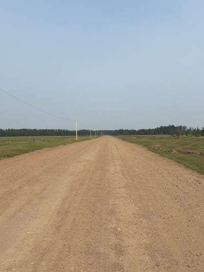 The image depicts a rural scene with a dirt road leading into the distance, bordered by a grassy field and a line of trees. The sky is clear and pale blue. Several utility poles with wires run alongside the road. In the distance, a small figure is visible walking on the road. The environment appears to be natural and undeveloped, suggesting a location in a rural area such as Myandigi, Russia. The overall impression is one of solitude and open space.