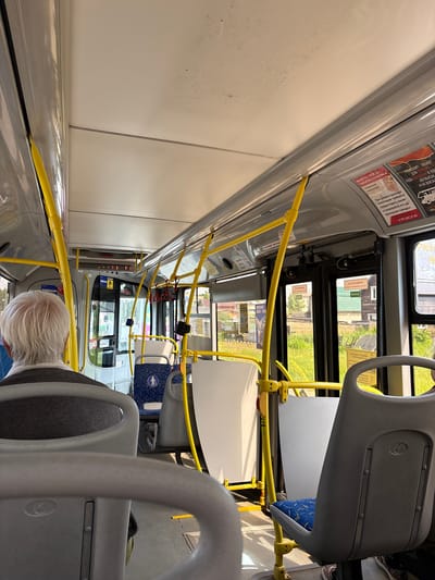 The image shows the interior of a bus in motion, with sunlight streaming in through the windows. In the foreground, the back of a person with gray hair is visible, wearing a dark gray sweater. The bus is equipped with yellow handrails and gray seats with blue upholstery. Advertisements are displayed on the interior walls of the bus. Through the windows, a green, grassy area with trees and houses can be seen, indicating a suburban or rural setting. The text on the advertisements is in Russian, and one visible phone number begins with "+7 911", which is consistent with phone numbers in the Novgorod region of Russia. Based on this information and the visual cues, the scene is likely taking place on a bus in or around the settlement of Pankovka, Russia, which is located in the Novgorod Oblast.