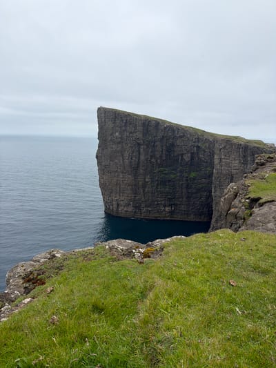 The image shows a dramatic cliff face with the sea to the left and a grassy cliff edge in the foreground. A dark, sheer rock wall rises vertically from the water, its surface textured and marked with patches of green vegetation. A small group of people can be seen standing on the very top of the cliff, appearing as tiny figures against the vastness of the landscape. The sky is overcast, with a pale, diffused light. The foreground is covered in lush green grass, with some scattered rocks and small purple flowers. The scene is evocative of the natural beauty and ruggedness of the Faroe Islands, specifically the iconic location of Trælanípa, a famous viewpoint near Miðvágur.