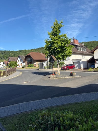 The image shows a street corner in the town of Schuld, Germany, on a clear day. A paved road curves through the scene, with houses and a wooded hill in the background. A small, round planter with red flowers is situated in the middle of the intersection, surrounding a young tree. A signpost is planted next to the tree, with an inscription on it. A red car is parked in the driveway of a house on the right side of the road. Another house is visible to the left, with a fence bordering the property. The sky is blue with a few wispy clouds.