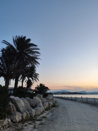 The image depicts a tranquil sunset scene on a beach in Els Poblets, Spain. In the foreground, a rocky embankment lines the left side of a dirt path, which curves towards the right. Palm trees dominate the left side of the frame, their silhouettes stark against the twilight sky. Beyond the palm trees, a building with a white facade and red-tiled roof is visible, partially obscured by foliage. A white fence with rope accents runs along the edge of the beach, separating it from the path. The calm sea stretches into the distance, meeting a hazy horizon where a distant town or village nestles amongst rolling hills. The sky transitions from a deep blue overhead to soft hues of orange and pink near the horizon, characteristic of a sunset. No people are present in the image.
