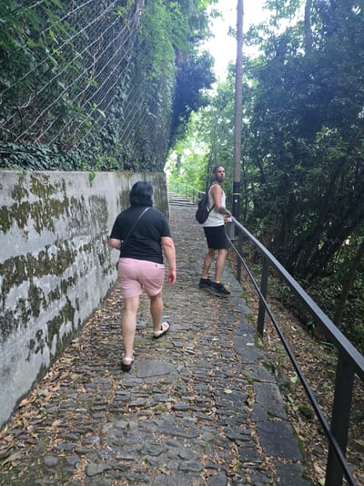 Two individuals are walking up a cobblestone path in Orselina, Switzerland. The path is bordered by a stone wall on the left, covered in moss and vines, and a metal railing on the right, separating it from a densely wooded area. In the background, more of the wooded hillside and the sky are visible, with a wooden pole and some wires running vertically. The person in the foreground, viewed from behind, is wearing a black t-shirt and pink shorts. The person further up the path, facing away from the camera and looking over their shoulder, is wearing a white tank top, black shorts, and a backpack. The ground is strewn with fallen leaves.