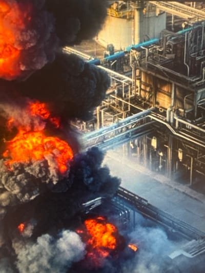 The image depicts a large industrial facility engulfed in a massive fire. The scene is dominated by thick plumes of black and gray smoke rising from several points of intense orange and red flames. These flames appear to be originating from within the complex infrastructure of the facility, which consists of a dense network of pipes, scaffolding, and structures. The background shows the upper levels of the industrial plant, with numerous pipes and metal beams visible, partially obscured by the smoke and fire. The overall impression is one of destruction and chaos. The lighting suggests it might be daytime, but the dense smoke makes it difficult to ascertain the exact time or weather conditions. There is no visible text in the image. The location is identified as Sof’ino, Russia.