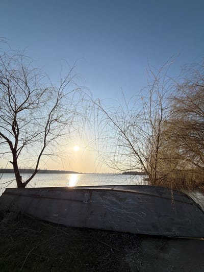 The image captures an outdoor scene at a body of water in Utash, Russia, likely during sunrise or sunset. In the foreground, a dark-colored boat, appearing metallic or fiberglass, is positioned upside down on a bank consisting of sparse dry vegetation and gravel. The midground features a broad expanse of water, reflecting a distinct, low-lying sun situated near the horizon line. Bare deciduous trees with fine, leafless branches are visible on both the left and right sides of the frame, silhouetted against the sky and water. A faint, distant landmass is discernible along the horizon. The sky above is clear and light blue. No individuals, animals, or active subjects are present in the depicted environment.