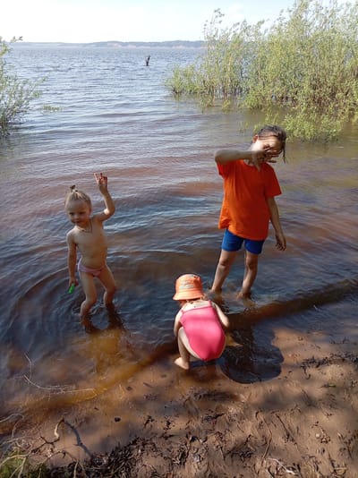 Three young children are playing in shallow water at the edge of a body of water. One child, wearing a pink swimsuit, is standing in the water with one arm raised. Another child, wearing an orange shirt and blue shorts, is standing in the water with one arm covering their face. A third child, wearing a pink swimsuit and an orange hat, is squatting at the water's edge. The water is brownish in color, and there is vegetation growing along the shoreline. The location is Shul'dikha, Russia.
