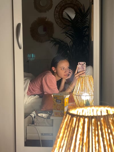 This media file captures a mirror selfie, with the original image rotated 90 degrees clockwise. The scene shows a young woman reflected in a mirror, holding a smartphone to take a picture. She has dark hair and is wearing a pink t-shirt. Her expression is neutral as she looks towards the phone.
To her right (in the corrected orientation), a prominent table lamp with a warm, woven, possibly rattan, shade casts a soft glow. Next to the lamp, a yellow and white box is visible, with the text "BEMM" and "ПЕЧЕНЬЕ" (Russian for "cookies") clearly legible. Behind her, reflected on what appears to be a wall, are several circular, decorative wall hangings made of woven materials, and a large, dark green leafy plant.
The lower part of the reflection reveals white bedding, suggesting the selfie is taken in a bedroom. Below the mirror, a white cabinet with a silver handle is visible, and inside the cabinet, a power strip with various white cables and cords can be seen. The ambient lighting from the lamp suggests it is evening or night. The image is taken indoors, in what appears to be a personal living space in Vitry-sur-Seine, France.