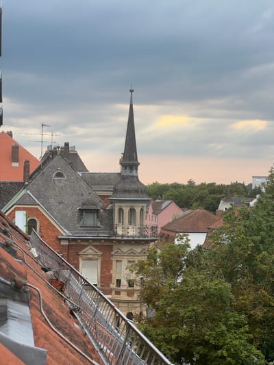 This is a photograph taken from a rooftop, looking out over a cityscape. The image is oriented vertically. The foreground features a red-tiled roof with metal railing and some electrical conduits. Beyond this, a collection of buildings with varying rooflines and architectural styles are visible. Several roofs are tiled in red or grey, with chimneys and dormer windows. One prominent structure has a tall, pointed spire topped with a green finial, suggesting a church or historical building. Adjacent to this spire is a building with a balcony. Lush green trees are scattered throughout the scene, some of them partially obscuring the buildings. The sky above is overcast with patches of sunlight breaking through, indicating either dawn or dusk. The overall mood is calm and perhaps a little melancholic due to the cloudy sky. There are no people visible in the frame. There is no visible text in the image. The setting appears to be a European town or city, with the provided context indicating Straubing, Germany.