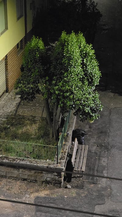 This is a nighttime, high-angle photograph of an outdoor urban scene. A large, leafy green tree dominates the center of the frame, its branches reaching outwards. To the left of the tree, a building with a light yellow facade is visible, featuring horizontally ribbed shutters. A stone wall runs along the bottom of the image, topped with a green metal fence. Next to the wall and fence is a wooden bench with several planks missing, and a black trash bag rests on it. The ground is paved in some areas and appears to be dirt and grass in others, with scattered debris. The overall impression is one of a somewhat neglected urban courtyard or alley.
The image is a detail from the "Parco Inclusivo" (Inclusive Park) located in Viterbo, Italy, a public space designed for relaxation and community gatherings.