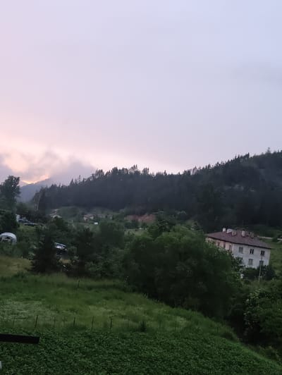 The image depicts a rural landscape in Krushev Dol, Bulgaria, under a hazy sky with soft pink and purple hues, suggesting either dawn or dusk. The foreground is dominated by a lush green field with dense vegetation, including what appears to be a crop in the lower right quadrant, bordered by a rustic wooden fence. A darker wooden post or beam is visible in the extreme lower left.
Further into the scene, a gently sloping hill covered in vibrant green grass rises, with several dark green trees and shrubs scattered across it. In the mid-ground, nestled amongst the trees, a large, light-colored building with a red-tiled roof stands out. The building has multiple windows and appears to be an older residential structure. To the left of this building, within the treeline, several vehicles are parked, including a white greenhouse-like structure, and other parked cars or vans.
The background is characterized by a dense, dark green forest that covers the side of a hill or mountain. The upper portions of the trees are silhouetted against the subdued sky, and some wisps of cloud or mist are visible clinging to the higher slopes. The overall atmosphere is peaceful and serene, conveying a sense of remote, natural beauty. No people are visible in the image.