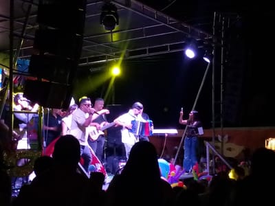 A band performs on an outdoor stage lit with spotlights, featuring a lead singer with a microphone, a guitarist, and an accordion player. A woman stands to the side, holding a cell phone up as if recording or taking a picture. A crowd of people is visible in the foreground, partially obscuring the view of the stage. Brightly colored balloons are scattered among the audience. Stage equipment and scaffolding are visible above the band.