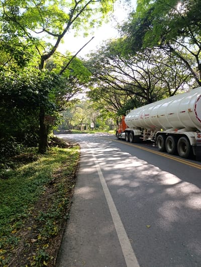 This image depicts a rural or semi-rural road in El Tejar, Colombia, under bright daylight. The asphalt road curves gently to the left and is bordered on the left by a paved shoulder, a strip of ground vegetation, and a dense treeline with prominent green foliage. A small white and red sign is affixed to a tree on the left side of the road. Further down the left, a wooden fence structure is partially visible behind the foliage. On the right side of the road, an orange-cabbed semi-truck with a long, white cylindrical tanker trailer is observed traveling away from the viewer. The word "Petromil" is visible on the side of the tanker. Overhead, large trees form a natural canopy, with sunlight filtering through the leaves and casting dappled shadows across the road surface. The sky is partially visible, appearing bright through the tree cover. No individuals are present in the frame.