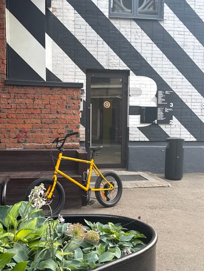 In Zhabkino, Russia, a bright yellow bicycle with thick tires is parked in front of a building with a striking black and white diagonal stripe pattern painted on its brick facade. The building also features a glass door and a dark gray trash receptacle. To the left of the bicycle, a brick wall is visible, and in the foreground, a black planter overflows with lush green foliage and delicate white flowers. The ground is a mixture of pavement and wooden steps. A sign with text and numbers is affixed to the striped wall near the entrance.