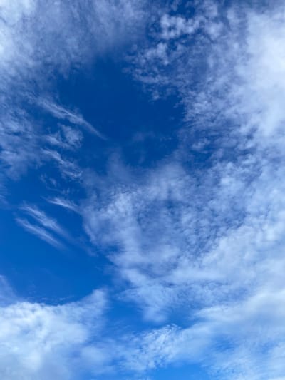 The image is a vertical, high-angle shot of a blue sky filled with wispy white clouds. The clouds are scattered, with some appearing thin and feathery, stretched across the sky, while others are more dense and puffy. The overall impression is of a partly cloudy day. The image does not depict any specific landmarks or elements that would allow for the identification of the city of Lokeren, Belgium. There are no people, subjects, objects, actions, or interactions visible in the scene, only the natural environment of the sky.