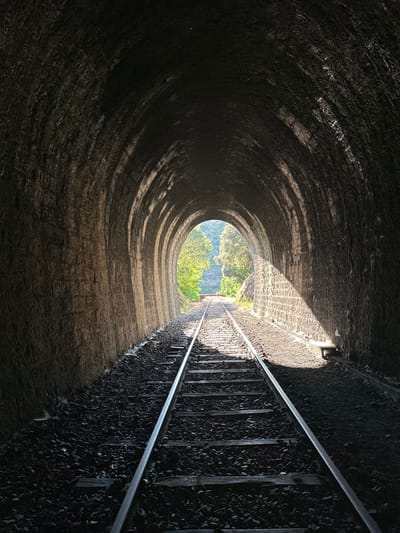 This is a photograph taken inside a stone railway tunnel in Générargues, France. The tunnel has a high, arched ceiling constructed of large, irregular stones. The walls are rough and textured, showing evidence of age and weathering. Two sets of railway tracks run down the center of the tunnel, disappearing into the darkness. The tracks are made of metal rails laid on wooden sleepers, with ballast of dark gravel.
Sunlight streams into the tunnel from the opening at the far end, creating a dramatic contrast between the illuminated exterior and the shadowed interior. The light casts strong shadows on the tunnel walls, highlighting the arched construction. Outside the tunnel, lush green trees and foliage are visible, suggesting a natural, possibly rural, environment. The overall impression is one of a historical and atmospheric location.