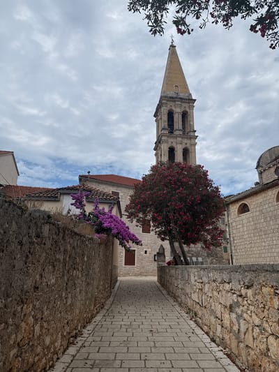 The image depicts a cobblestone pathway leading towards a historic stone church bell tower with a pointed yellow roof. The pathway is bordered by rough-hewn stone walls on either side. A vibrant tree with bright pink flowers stands to the left of the bell tower, partially obscuring the church's stone facade. Purple flowers cascade from a vine on the left side of the pathway, near the stone wall. The sky is overcast with dramatic clouds. The scene is located in the city of Grad Stari Grad, Croatia, as indicated by the architectural style and landscape typical of the region.