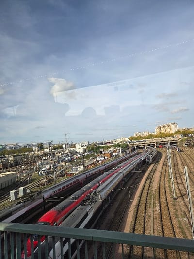 The image presents an elevated, broad view of an extensive railway yard, identified as part of the Paris Gare de Lyon railway complex, situated within Charenton-le-Pont, France. The perspective is from an elevated structure, likely a bridge, evidenced by a dark green metal railing with vertical balusters across the lower foreground.
The midground is dominated by numerous parallel railway tracks equipped with a comprehensive overhead catenary system, including masts and support gantries extending into the distance. Prominently featured in the central frame are at least two red-nosed, silver-bodied TGV Duplex trainsets, positioned side-by-side on adjacent tracks and oriented towards the left. Additional train cars, some displaying red accents, are visible on sidings to the left. On the far right, multiple empty tracks curve into the distance, where a smaller, distant white and blue regional train or shunter is partially discernible.
The background reveals an urban environment comprising multi-story buildings, likely residential or commercial. An elevated concrete road bridge, carrying vehicular traffic, arcs from the left over the railway lines in the mid-distance. Scattered trees and general urban infrastructure are present. The sky is partly cloudy with visible patches of blue. A distinct reflection of the text "SNCF RÉSEAU" and several faint, parallel rows of white dotted lines are superimposed across the upper portion of the image, indicating the photograph was taken through a glass barrier. No individuals or discernible active interactions are depicted within the scene.