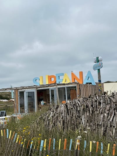 The image depicts a beachside establishment in Overveen, Netherlands, with the prominent sign "SURFANA" in colorful, large, three-dimensional letters above a wooden building with glass doors. To the right, a wooden pole with a directional sign reading "RECEPTION" and a small antenna system is visible. The building is surrounded by tall grasses and a fence made of thin, colorful wooden stakes. A large pile of rough-hewn logs is situated in front of the building, adding a rustic element to the scene. The sky is overcast with a grey, cloudy expanse. The overall impression is one of a casual, beach-oriented business, likely a surf school or rental, given the "SURFANA" signage.
