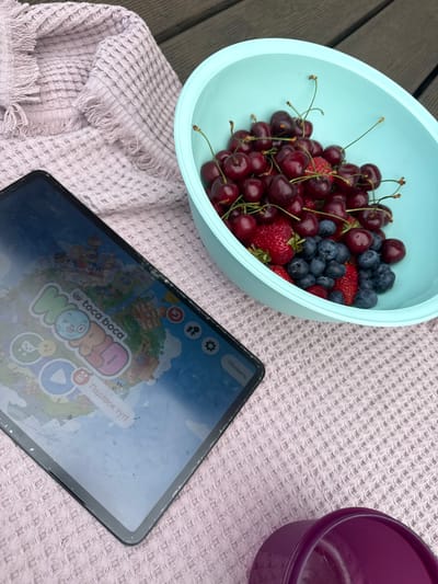 A high-angle shot captures a serene outdoor setting featuring a vibrant bowl of fresh berries, a tablet, and other items arranged on a light purple blanket. The scene is set on dark wooden decking, suggesting a patio or balcony, possibly in Molodezhnyi, Russia.
The primary subject is a light blue plastic bowl, brimming with a colorful assortment of fresh summer fruits. Red cherries, some still attached to their green stems, are abundant, mixed with dark blue blueberries and several ripe red strawberries. The berries appear fresh and appealing.
Next to the fruit bowl lies a black-framed tablet. Its screen displays the "Toca Boca World" game, with the distinctive "toca boca" logo and "WORLD" visible. Text in Russian is present on the screen: "Подарок тут!" (translating to "Gift here!") and "Обновить" (meaning "Update") in the top right corner. The tablet screen exhibits some dust and smudges, hinting at regular use.
These items are placed on a light purple or lavender-colored blanket, characterized by its distinct waffle-weave texture and visible fringed edges. Partially visible on the right side of the frame is a dark purple plastic cup or small bowl.
The natural, soft lighting indicates a clear daytime setting, likely late morning or afternoon. The arrangement suggests a casual leisure activity, perhaps a snack break combined with screen time outdoors. No people are visible, but the objects imply human presence and enjoyment of a relaxed moment. The overall impression is one of simple pleasures and outdoor relaxation.