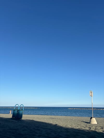 The image displays a serene beach scene under a vast, clear blue sky, likely captured in Agios Athanasios Municipality, Cyprus. The sky dominates the upper two-thirds of the frame, showing a gradient from a slightly lighter blue at the horizon to a deeper blue overhead, indicative of a bright, sunny day with no clouds.
The horizon line is sharp and level, separating the deep blue sea from the sky. The sea itself appears calm, with a visible line of structures, possibly a submerged breakwater or a series of rocks, extending horizontally across the middle distance, dotted with several small red buoys.
Along the right side of the frame is a strip of dark, possibly volcanic, sand. The sharp, elongated shadows cast on the sand suggest the sun is high in the sky, indicating midday or early afternoon. Notable objects on the beach include a concrete block from which a metal pole extends horizontally over the water, possibly part of a demarcation or signage. Further down the beach, two blue barrel-shaped bins with handles are visible, likely serving as trash receptacles. Near the water's edge, a small figure of a person in a swimsuit can be seen, partially obscured, enjoying the beach.
The overall scene suggests a peaceful and clear day at the beach. There is no visible text in the image.