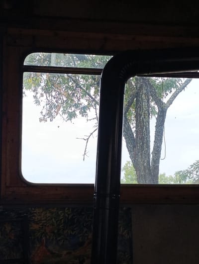 The image shows an interior view through a window, looking out at a tree. A dark, curved stovepipe is visible in the foreground, obscuring part of the view. The window has a wooden frame with rounded corners. Outside, the trunk of a mature tree with textured bark is prominent, with branches and foliage extending upwards. The sky appears overcast. The lower part of the interior is dimly lit, with a patterned fabric or tapestry visible on the wall. The image was taken in Mladinovo, Bulgaria.