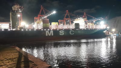 The image depicts a large container ship docked at night in the city of Dock Sud, Argentina. The ship, identified by "MSC" emblazoned on its hull, is heavily laden with stacked shipping containers of various colors, including yellow, green, and red. The ship is illuminated by numerous bright lights, likely from the port's infrastructure and the ship itself.
Dominating the left side of the image is a tall, beige terminal building with the "MSC" logo and steam or smoke emitting from its top. Several large cranes with red arms are positioned over the ship, suggesting ongoing loading or unloading operations. The lights from these cranes and the ship cast reflections on the dark water of the port.
In the foreground, a grassy bank slopes down to a concrete edge bordering the water. The water surface is rippled, reflecting the bright lights from the ship and cranes, creating a shimmering effect. The sky is dark, with some clouds visible, and a faint celestial body, possibly a star or planet, is visible in the upper right quadrant of the image. A Hapag-Lloyd container is visible on a truck or trailer to the left of the main ship. The overall scene is one of industrial activity at a maritime port during nighttime.