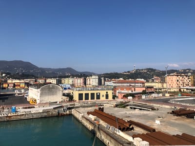The image presents an elevated view of an industrial port area within the city of La Spezia, Italy, under a clear, bright blue sky.
In the foreground and mid-ground, a body of calm turquoise water, consistent with a harbor basin, is bordered by concrete quays. These quays display weathered surfaces, rust staining, and feature mooring bollards and black rubber fenders. On the right-hand quay, multiple large-diameter, rusted metal pipes are horizontally stacked in several rows.
The mid-ground is occupied by port infrastructure. A prominent, large, arched-roof building with a gray-white facade stands near the water's edge on the left. To its right, a yellow industrial building with dark, rectangular window or paneling is visible. Further left on the quay, a blue portable toilet and a small yellow piece of heavy equipment are present. Paved areas, delineated by black and yellow striped concrete barriers, cross the scene, with a small dark bridge structure spanning a gap in the paving. In the far left background of the port, colorful shipping containers are stacked.
The background transitions into an urban environment backed by natural terrain. Multi-story buildings, exhibiting varied pastel colors including yellow, pink, and light blue, are densely packed behind the port structures. These buildings extend upwards onto the slopes of green, tree-covered hills. Scattered structures and utility poles are visible on the hillsides. No individuals are discernible within the frame. The scene depicts a static industrial landscape.