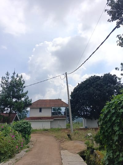 The image depicts a residential scene in Maw Hit, Myanmar, under a partly cloudy sky. A narrow dirt path, partially paved with concrete segments, extends from the foreground and curves left. On the left side of the path, dense green foliage is visible, interspersed with clusters of small pink flowers. On the right, a concrete culvert spans a narrow drainage ditch.
A light-colored utility pole, supporting multiple overhead electrical or communication wires, stands slightly right of the path's center. One prominent, thick, twisted cable extends from the upper right across the frame. To the left of the utility pole, a two-story building with white walls and a reddish-brown tiled roof is situated. This building features a single dark, rectangular window on its upper floor and a lower-level structure with reflective paneling. A tall, dark green coniferous tree is positioned to the left of this building, with a portion of another structure, also with a reddish-brown tiled roof, visible behind the foliage on the far left.
To the right of the utility pole, a large, densely foliated, dark green deciduous tree dominates the mid-ground. The background reveals indistinct distant terrain or hills beneath the predominantly cloudy sky. No individuals or discernible actions are present within the scene.