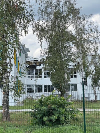 The image depicts the exterior of a two-story building in Staryi Saltiv, Ukraine, exhibiting significant structural damage. The building is primarily white, with a section on its left side featuring vertical yellow, light blue, and possibly green colored stripes. The upper left portion of the building shows a substantial collapse or impact point, with the roofline and upper floor wall severely compromised, exposing dark interior spaces and damaged structural components. Debris, including torn roofing material and insulation, is visible in and around the damaged area. Numerous windows across both visible floors are either shattered, cracked, or entirely missing panes, revealing darkened interiors. In the foreground, a green wire mesh fence runs horizontally, partially obscured by green leafy bushes and tall, slender birch trees with white bark and green foliage. The ground behind the fence consists of grass and scattered debris. The sky is overcast with grey clouds. No individuals or active scenes are present.