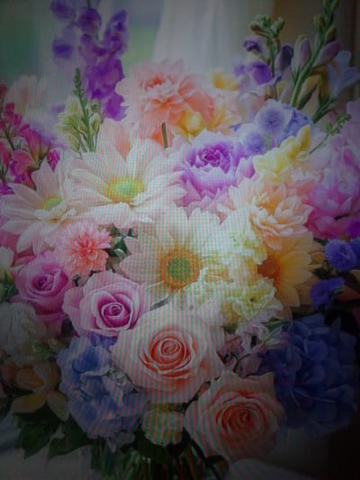 The image displays a close-up of a lush floral arrangement. The bouquet is composed of a variety of flowers in soft pastel hues, including pink roses, creamy white dahlias, pale yellow blossoms, and touches of lavender and purple. Some flowers are fully bloomed, while others are in bud. The background is softly blurred, suggesting a natural light source. The image does not depict any specific location within посёлок опытного хозяйства «Ермолино», Russia. There are no people, actions, or interactions visible in the scene. The focus is solely on the textures and colors of the floral arrangement.