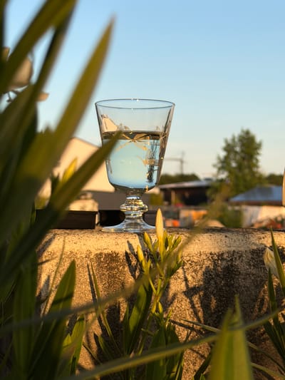 A close-up, low-angle shot captures a stemmed glass filled with a clear, light blue liquid and adorned with etched floral patterns. The glass rests on a textured, concrete ledge, bathed in the warm glow of what appears to be late afternoon or early evening sunlight. In the foreground, out-of-focus green foliage with visible veins creates a natural frame, obscuring parts of the ledge and casting soft shadows. Beyond the ledge, the background reveals a blurred cityscape with rooftops, trees, and a distant crane against a clear blue sky. The scene is likely set on a balcony or elevated outdoor space in Wettstetten, Germany. No people or actions are depicted.