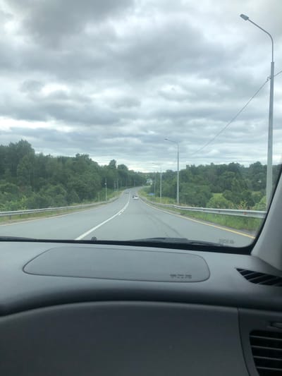 The image is taken from the perspective of someone inside a car, looking forward through the windshield. The car is on a paved road with lane markings. The road curves slightly to the left and stretches into the distance. On either side of the road are dense green trees and vegetation. The sky is overcast with thick, grey clouds. There are streetlights visible along the side of the road. Several cars are on the road ahead. The dashboard of the car is visible in the foreground, including an "SRS AIRBAG" label. This scene is consistent with a highway or a major road on the outskirts of Vasilevo, Russia, under a cloudy sky.