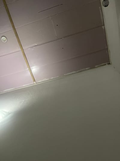 The image shows an interior view of a room, focusing on a ceiling and a wall. The ceiling appears to be constructed of wooden planks, painted a light purple or pinkish hue. A diagonal wooden beam runs across the ceiling, dividing it into sections. There is a circular light fixture visible on the left side of the ceiling. On the right side of the ceiling, there is a circular vent with a spiral pattern. The wall beneath the ceiling is painted a light, neutral color and has a slightly textured finish. The lighting in the room is dim, with a bright light source emanating from the left side of the frame, casting a glow on the wall. The image does not provide any visual cues to determine its specific location within Pantinapu, Nigeria, or any details about people, actions, or interactions.