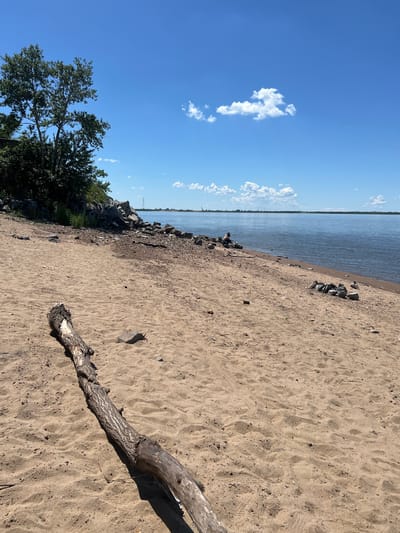 The image shows a sandy beach with a large piece of driftwood in the foreground. The beach is next to a wide body of water, likely a river, with a faint line of trees and industrial structures visible on the opposite shore. The sky is blue with scattered white clouds. In the mid-ground, a person is sitting on the rocky edge of the beach, facing the water. The scene appears to be a natural or semi-natural area near an urban or industrial zone.