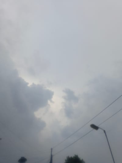 The image depicts an overcast sky in Morrumbala, Mozambique, dominated by a large expanse of gray clouds varying in density and shade. Darker, more defined cloud formations are visible towards the lower left and center, while the upper right and central areas show a lighter, more diffuse gray sky. In the lower portion of the frame, several utility wires traverse horizontally, connected to a dark, slender utility pole positioned in the lower center-left. To the lower right, a distinct street lamp fixture, dark and elongated, extends upwards from an unseen pole. Patches of dark green vegetation, likely tree canopy, are visible at the very bottom edge of the image, appearing on both the left and right sides. No individuals or specific actions are discernible within the frame.