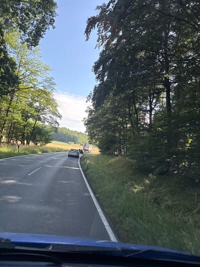 The image depicts a scene from inside a vehicle looking out onto a paved road winding through a rural landscape. The road is bordered by dense trees on the left and grassy verges on the right. In the distance, several cars are visible on the road, and beyond that, a field of crops, likely grain, stretches towards rolling, tree-covered hills. The sky is a clear blue with a few wispy clouds. The sun appears to be high in the sky, suggesting it is daytime. The overall impression is one of a scenic drive through the countryside in Germany, possibly near Niederwetz. The image is oriented vertically, giving the impression of looking up or down the road. The time of day is likely midday or early afternoon, given the bright sunlight and clear sky. The weather appears to be fair and warm. There are no people clearly visible, and the main objects are the cars and the natural elements of trees, grass, fields, and sky.