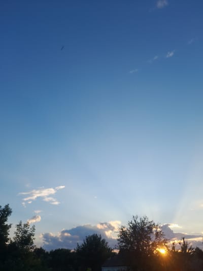 The media file captures a vertical, wide-angle view of a bright, clear sky with scattered clouds towards the right side. The sun is setting, as indicated by the warm, golden light and sun rays piercing through the clouds. Silhouetted trees and foliage are visible along the right edge of the frame, partially obscuring a residential building. A dark, elongated object, possibly a bird or an insect, is suspended in the vast blue expanse of the sky on the left side. The scene suggests an outdoor setting in Kliushnykivka, Ukraine, during the late afternoon or early evening, characterized by a serene and peaceful atmosphere. There is no visible text in the media file.