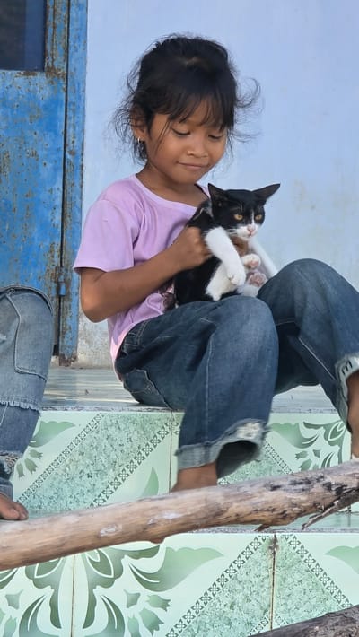 A young girl with dark hair is holding a black and white cat. She is wearing a pink short-sleeved shirt and is smiling with her eyes closed. The cat has black and white fur and its face is visible. The girl is sitting with her legs crossed and is wearing blue jeans. The background includes a blue painted structure and a green tiled floor with a decorative pattern. A tree branch is leaning against the scene. The location is likely Ba Ngoi Ward, Vietnam.