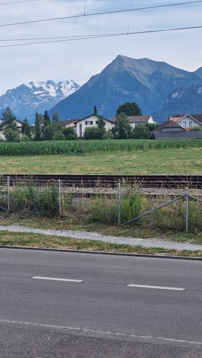 The image depicts a landscape scene in Uetendorf, Switzerland. In the foreground, a paved road with white lane markings is visible. Beyond the road, a gravel path and a chain-link fence separate the viewer from a field with train tracks. The field is partly covered in grass and vegetation, with a dense crop of corn in the background. Several residential buildings with pitched roofs are situated behind the cornfield. In the distance, majestic snow-capped mountains rise against a cloudy sky, with a prominent, rugged peak dominating the right side of the frame. Overhead, power lines stretch across the sky, supported by visible poles. The overall impression is of a rural area near a mountainous region, with evidence of both agriculture and infrastructure.