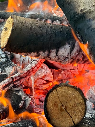 A close-up, eye-level shot captures a bonfire with burning logs and embers, suggesting an outdoor setting possibly in Zimyonki, Russia, given the context. The fire is intense, with bright orange flames licking at the charred wood and casting a strong red glow on the embers and the cut ends of the logs. Several pieces of firewood are visible, stacked and burning. One log in the foreground is positioned horizontally, its bark textured and dark, with a cut end revealing lighter wood grain. Another cut log, smaller and round, rests at the bottom right of the frame, showing its circular grain pattern. The background is filled with more burning wood and the intense heat of the fire. No people or other subjects are present in the frame. The scene appears to be a static capture of an active fire.