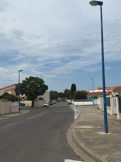 This is a full-frame, vertical, eye-level shot of a street scene in Sainte-Marie-la-Mer, France. The image depicts a residential street with houses on either side and a road running through the center. The sky is a light blue with scattered white clouds.

The scene is set during the daytime, with bright sunlight casting shadows, indicating it's likely mid-morning to late afternoon. The weather appears to be fair and sunny.

Several objects are visible:
- Streetlights: Multiple blue streetlights are present, with one prominent one in the foreground extending across the top of the frame.
- Houses: The houses appear to be typical of a European coastal town, with red-tiled roofs and light-colored facades.
- Vehicles: Several parked cars are visible along the side of the road, mostly white vans and smaller passenger cars.
- Trees: A large, leafy green tree is a notable feature, positioned mid-frame.
- Road and Sidewalk: The road is paved with asphalt, and a concrete sidewalk with a curb runs along the side.

There is no discernible activity or event taking place; it appears to be a quiet residential street. The overall mood is calm and ordinary. No text is visible in the image. The specific location cues, such as the architectural style of the houses and the presence of streetlights, along with the given location context, suggest it is a street in Sainte-Marie-la-Mer, France.