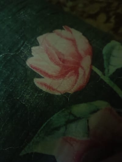 The image is a close-up shot of a painting on a dark green, textured surface. The painting depicts flowers, primarily a light pink rose with red accents, centrally positioned in the frame. The rose appears to be in bloom, with its petals unfurled. To the right and bottom of the frame, other floral elements are visible, including green leaves and hints of other pink flowers, though they are partially obscured and less defined than the main rose. The painting style seems to be watercolor or a similar medium, with visible brushstrokes and a somewhat Impressionistic quality. The dark green background has a cracked or wrinkled texture, adding depth and visual interest to the surface on which the painting is rendered. The lighting in the image is dim, casting shadows and emphasizing the texture of the surface and the brushstrokes of the painting. There is no visible text in the image. The overall impression is of a decorative artwork.
